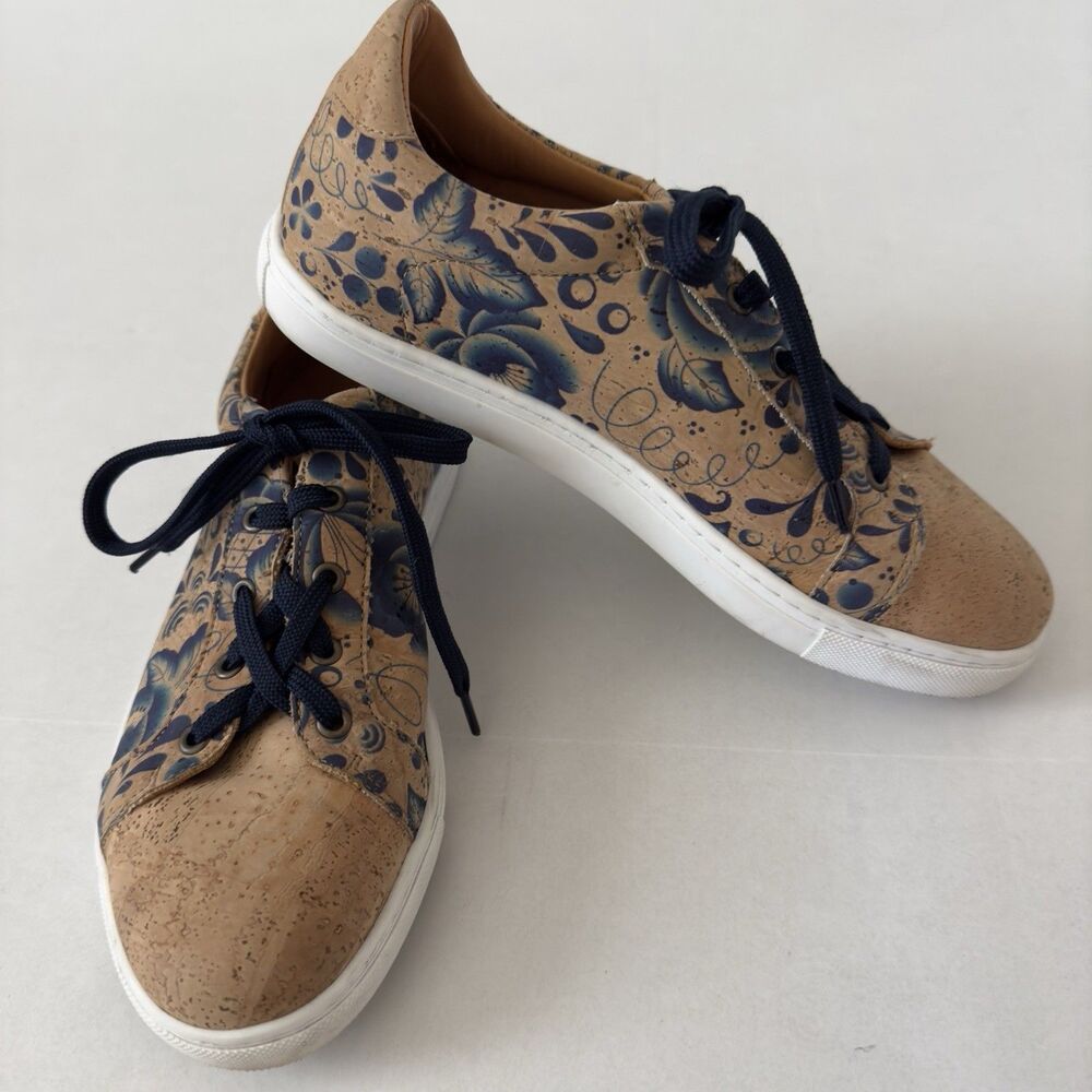 Natural Cork Sneakers Blue Floral Women's Portugal 38 US 7.5 /8 Lace Up Comfort